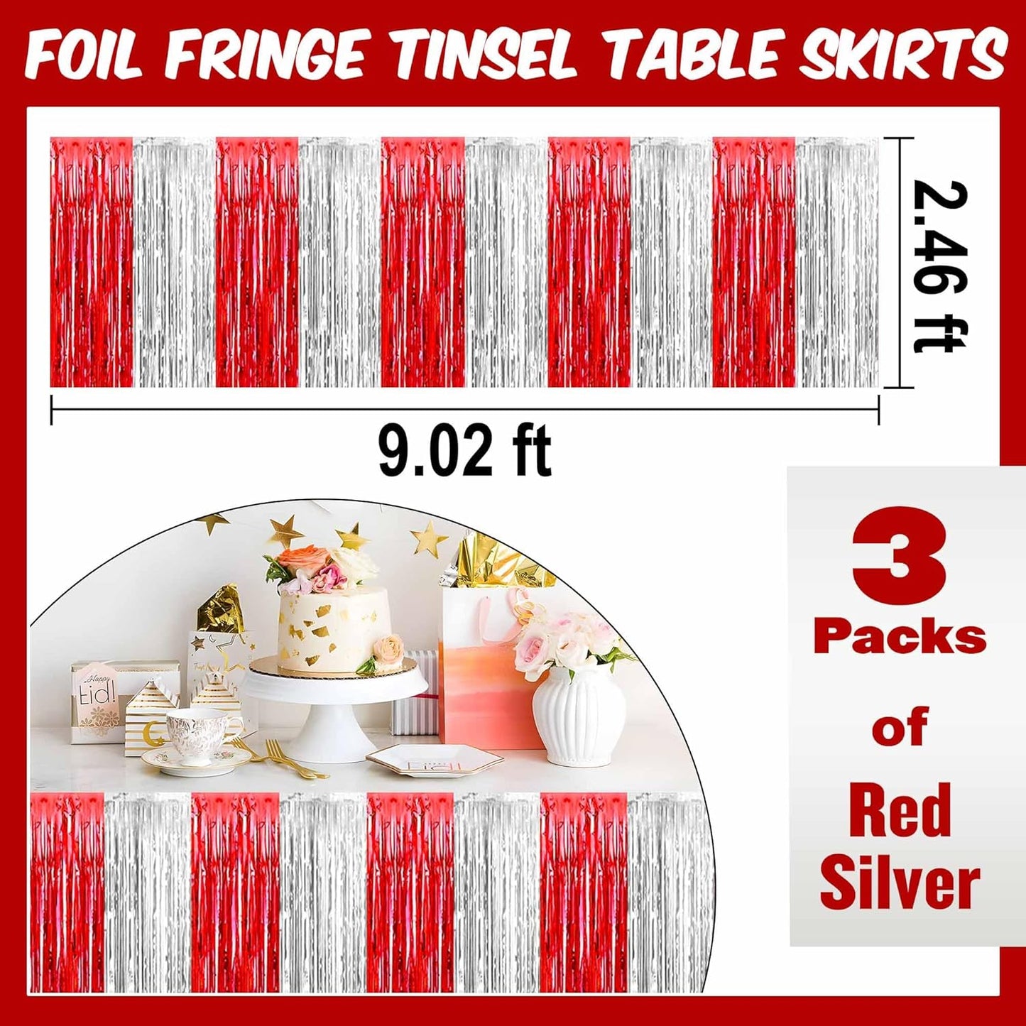 3 Pack 29 x108 Inch Red and Silver Foil Fringe Table Skirts Metallic Banner for Tinsel Streamer Garland Backdrop for Parade Floats Mother's Day, Graduate, Birthday, Wedding Party Decoration