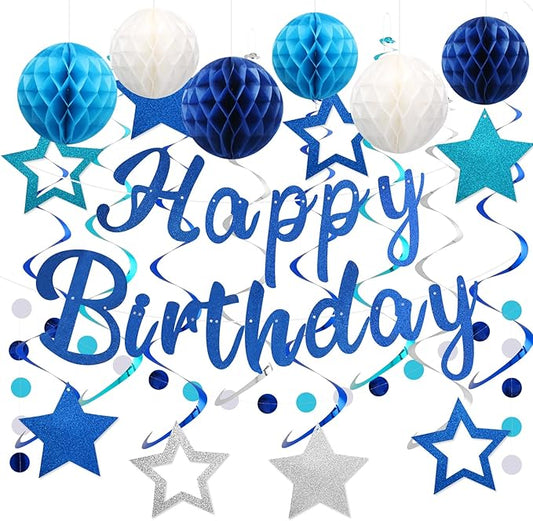 Birthday Decorations, NO DIY, Pre-Strung Happy Birthday Banner with Honeycomb Balls, Hanging Swirls, Circle Dots Garland, Party Decorations for Women Men Boys Girls (Blue)