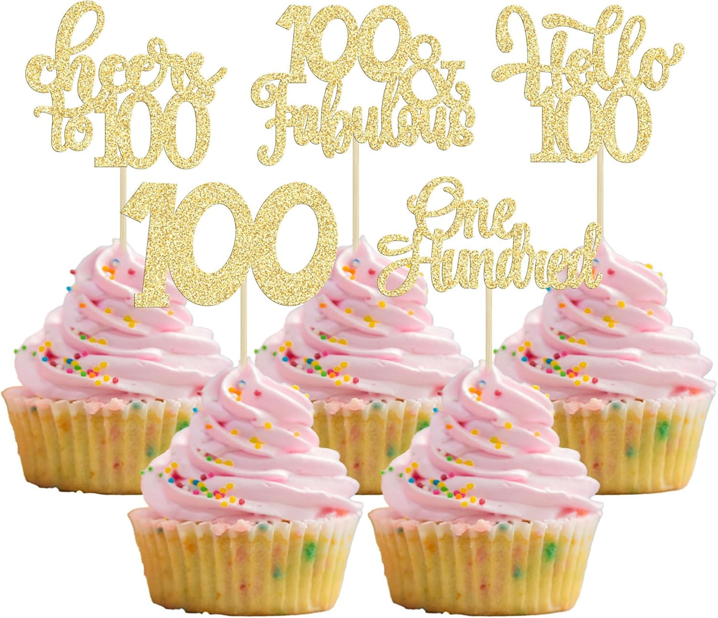 30pcs Happy 100th Birthday Cupcake Toppers - Gold Glitter One Hundred Cheers to 100 Years Old Cupcake Picks for Anniversary Party Cake Decorations