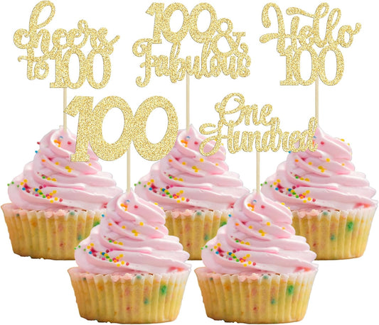 30pcs Happy 100th Birthday Cupcake Toppers - Gold Glitter One Hundred Cheers to 100 Years Old Cupcake Picks for Anniversary Party Cake Decorations