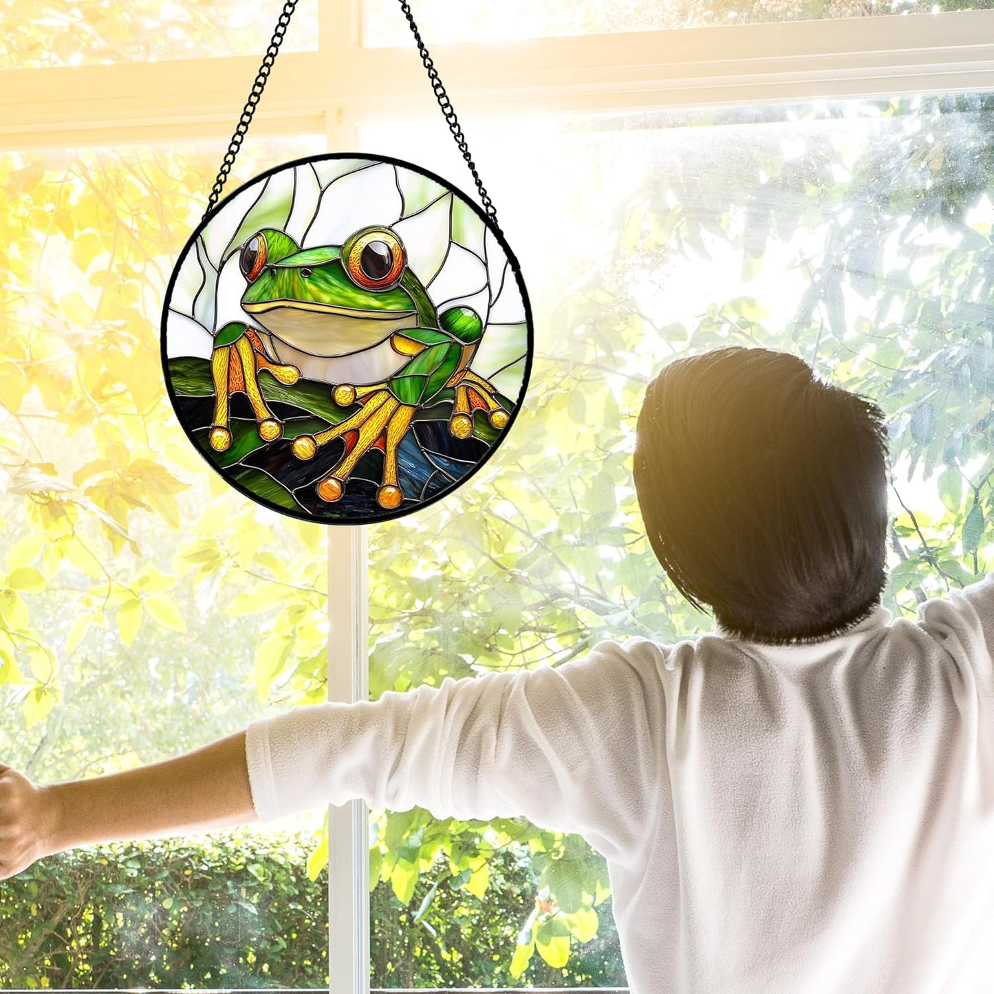 Stained Glass Window Hanging, Green Frog White Petals Sun Catchers Colorful Glass Panel Cute Suncatcher Decor for Birthday for Women, Men, Wife, Aunt, and Mom 7.8 in