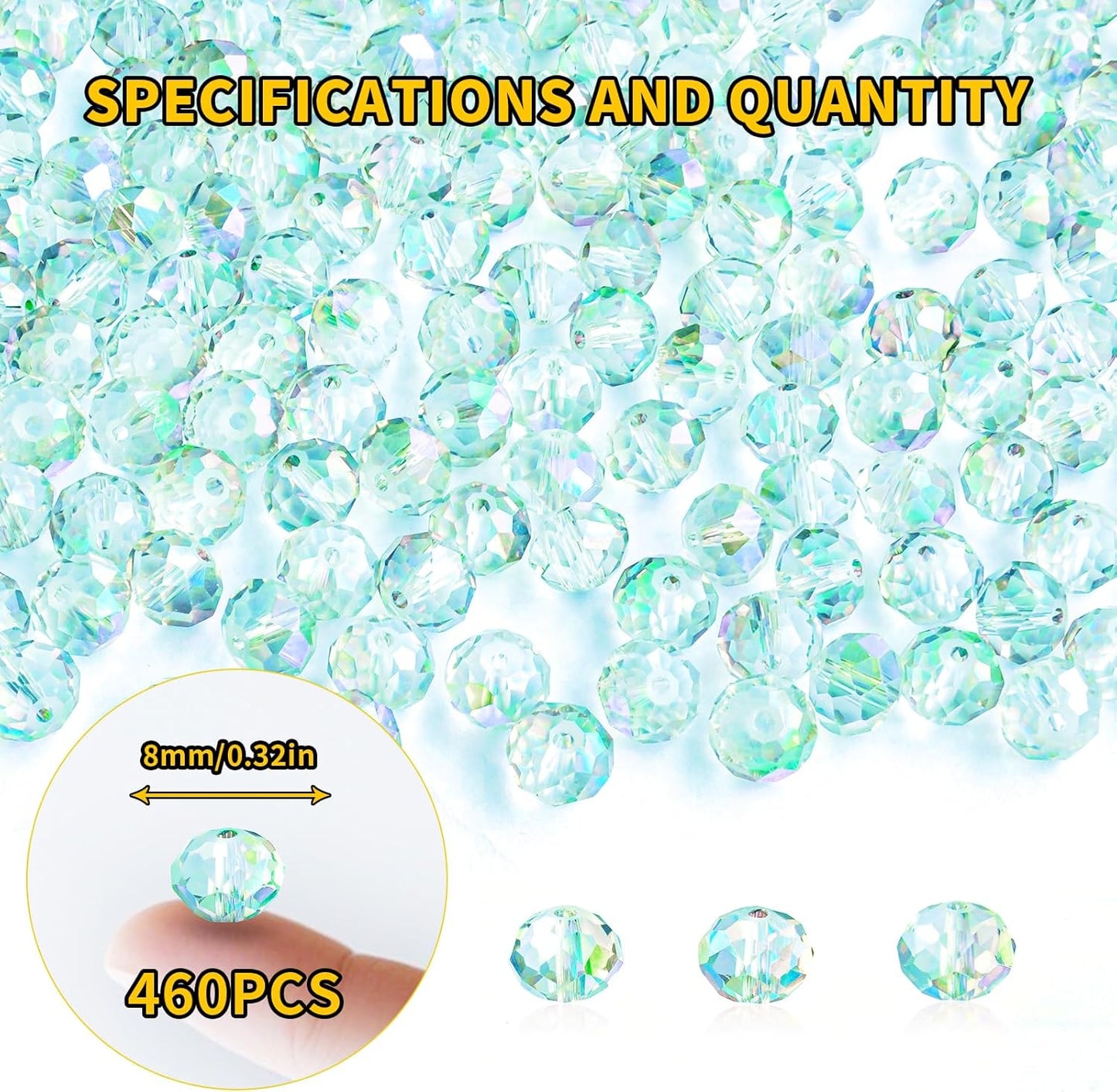 460Pcs 8mm Crystal Glass Beads for Jewelry Making Beads for Bracelets Necklace Pendants Making Supplies(Light Blue Green)