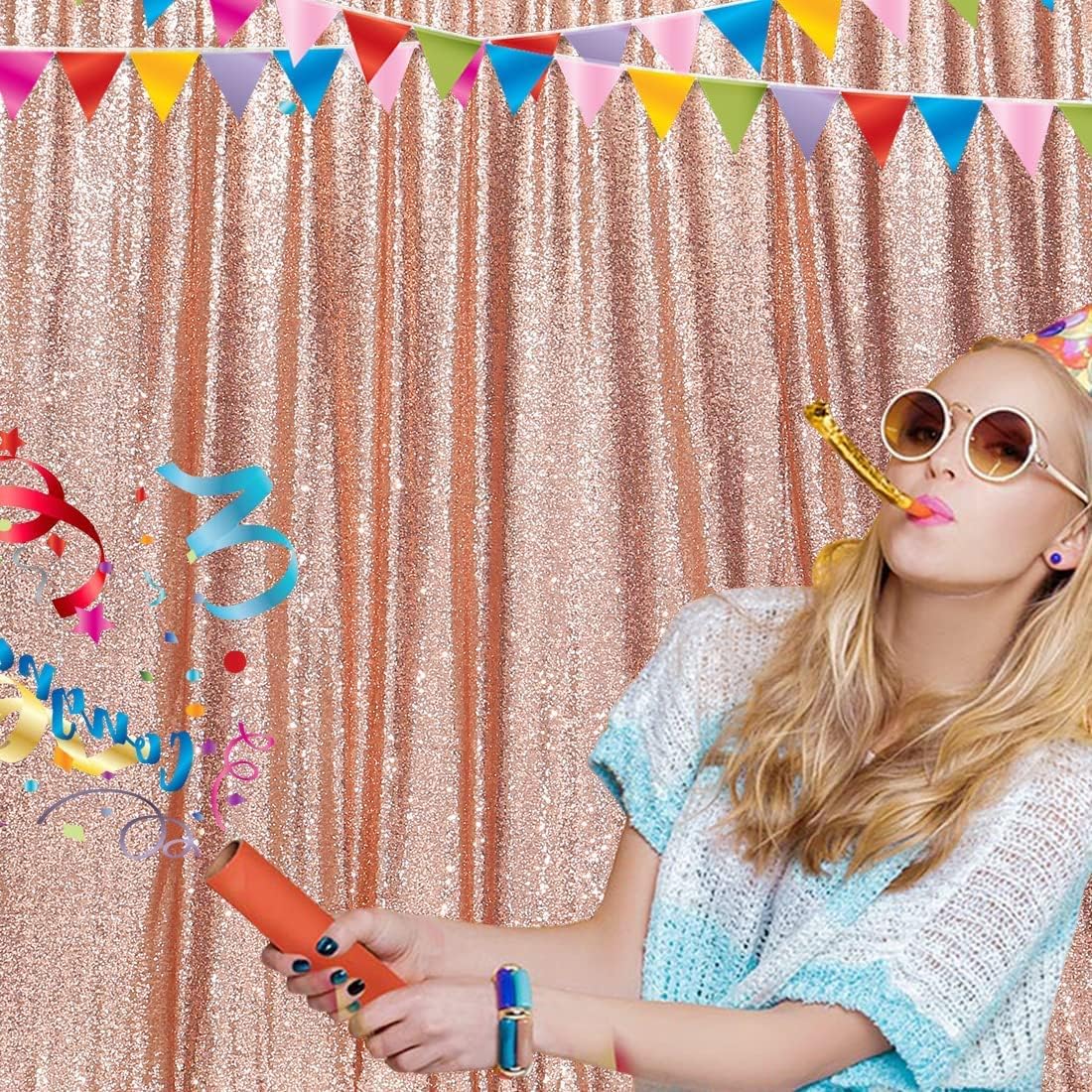 Poise3EHome 8FT x 8FT Rose Gold Sequin Backdrop Curtain Photography for Party Decoration, Rose Gold