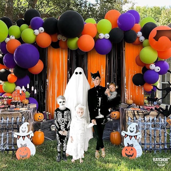 KatchOn, Black and Orange Foil Fringe Curtain - XtraLarge 3.2x8 Feet, Pack of 2 | Orange and Black Streamers, Halloween Decorations | Fringe Backdrop Curtain for Birthday, Basketball Party Decorations