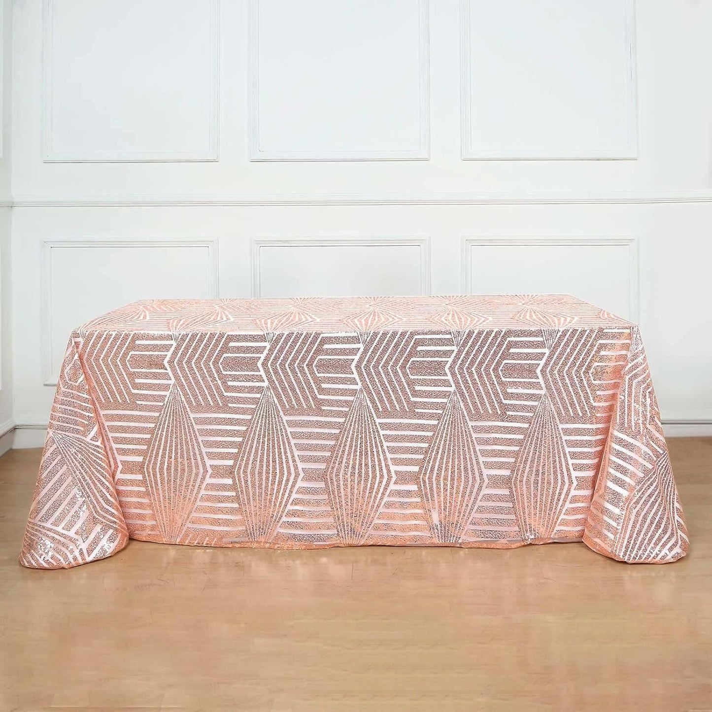 Efavormart 90"X132" Blush Rose Gold Sparkly Sequin Geometric Tulle Rectangular Tablecloth