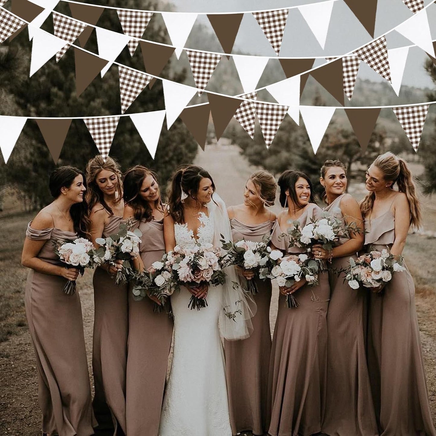 32Ft Coffee Brown Party Decorations Brown Buffalo Plaid Checkered White Triangle Flag Gingham Pennant Bunting Fabric Garland for Woodland Teddy Bear Baby Shower Birthday Home Outdoor Garden Decor