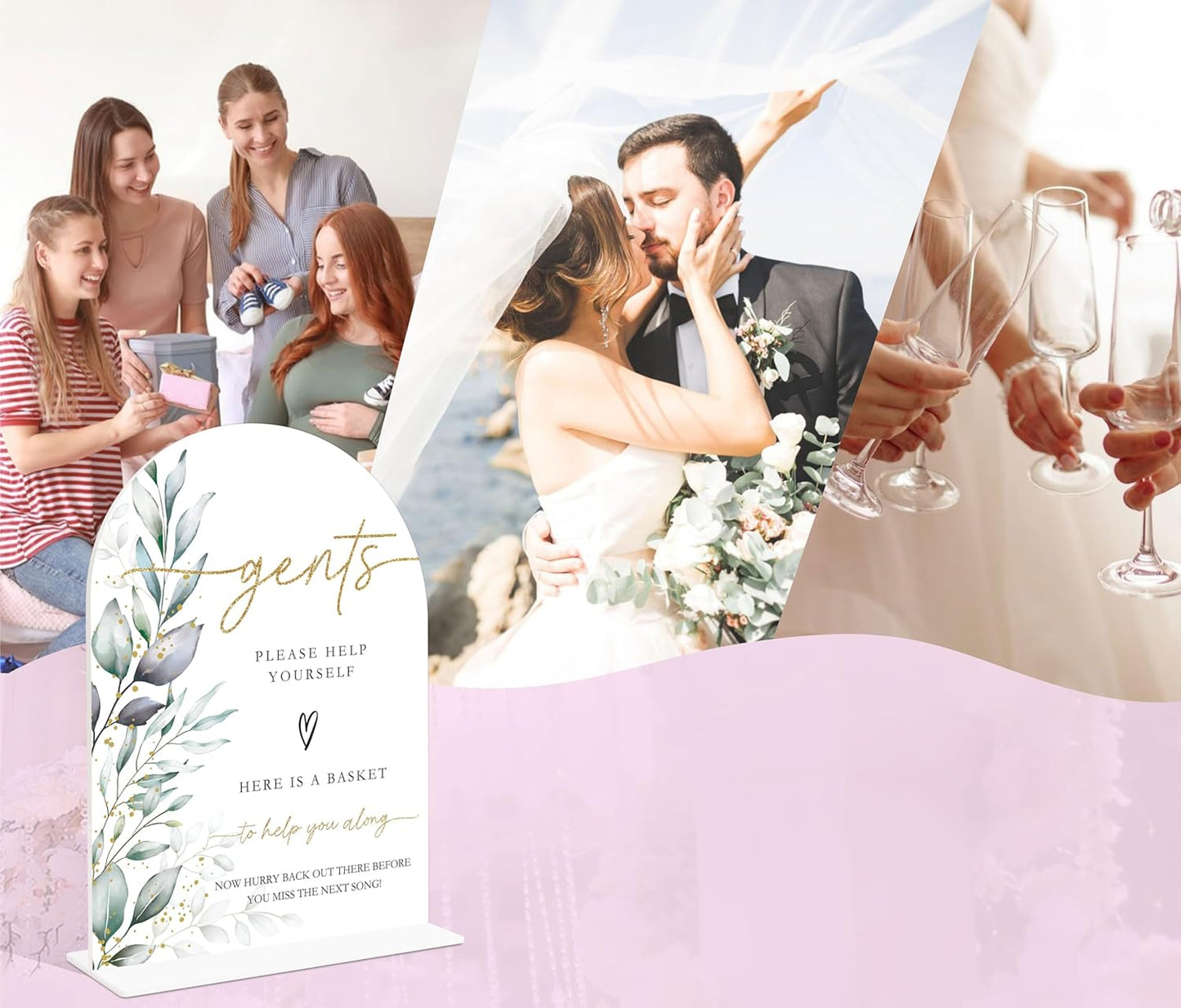 Acrylic Wedding Signs, Greenery Theme Gents Please Help Yourself Sign, Bridal Shower Table Decor with Stand, Wedding Bathroom Basket Supplies for Engagement, Anniversary, Newlywed Event and Party, 08