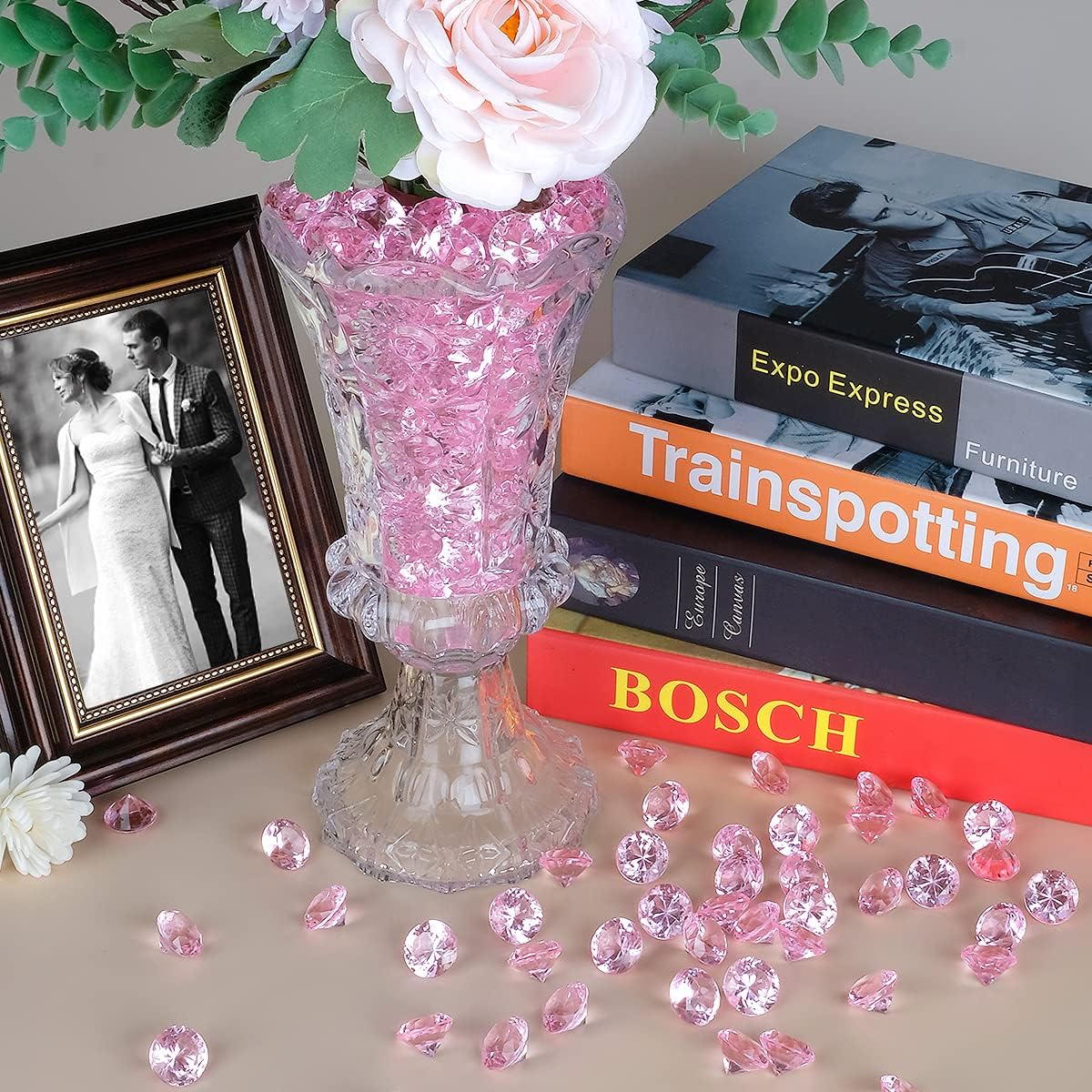 Acrylic Diamond Fake Gems Vase Filler, Babenest 240pcs 3/4 Inch Faux Diamonds Crystals Jewels for Table Scatters Wedding Party Event Arts & Crafts Birthday Decoration Favor (Pink)