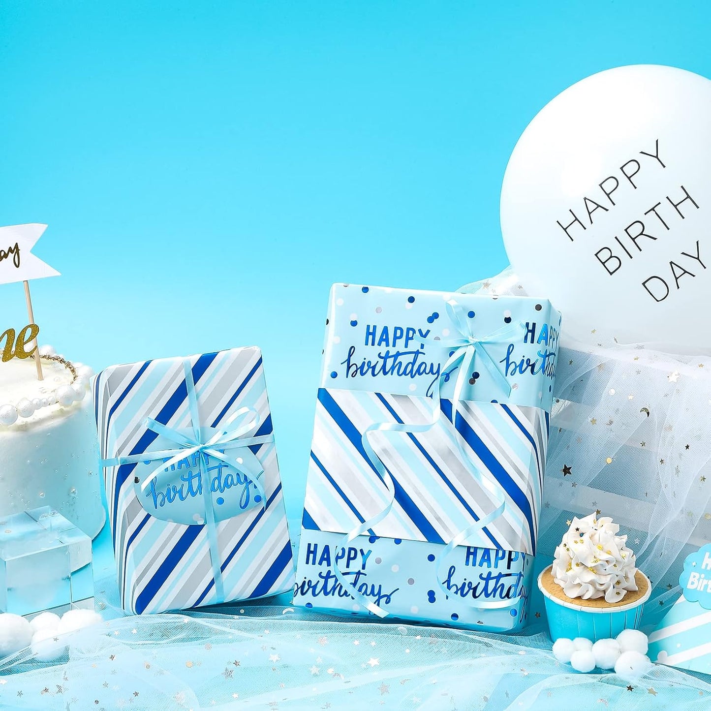 LeZakaa Reversible Blue Birthday Wrapping Paper Roll for Boys Men, Happy Birthday Lettering & Stripe Pattern with Metallic Foil in Blue, Mini Roll, 17 inches x 32.8 Feet (46.45 sq.ft.)