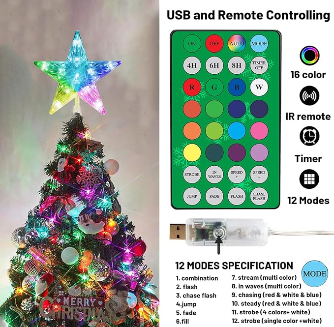 Christmas Star Tree Topper 7.5" 10 LED RGB Color Changing USB Powered Plug in 5-Point Star 3D Xmas Solid/Flash Treetop Remote Control & Timer for Christmas New Year Holiday Tree Decoration
