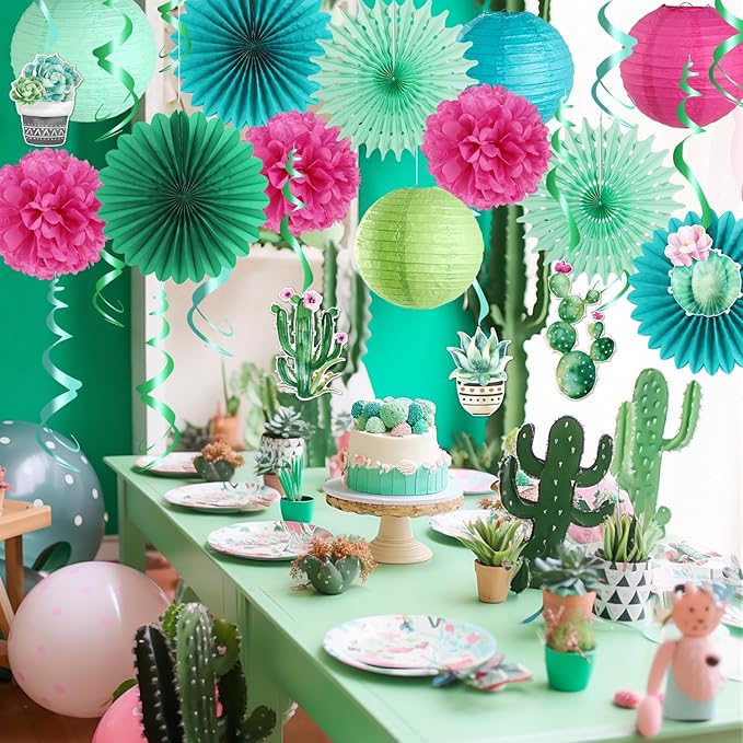 SUNBEAUTY Summer Party Decoration Hanging Cactus Swirls Paper Lanterns Paper Fans kit for Hawaiian Luau Party Tropical Party Baby Shower Birthday Party Supplies