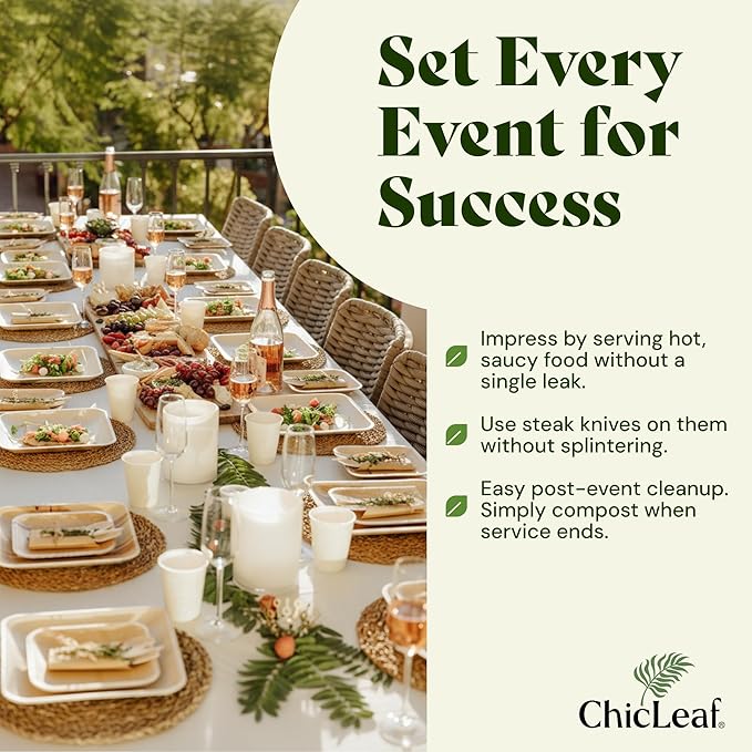 Chic Leaf Palm Leaf Bamboo Style Plates - 9-Inch Square, Pack of 50 - Compostable Serving Platters - Microwave-Safe Disposable Plates - Durable Party Dishware for Winter Events & Indoor Gatherings