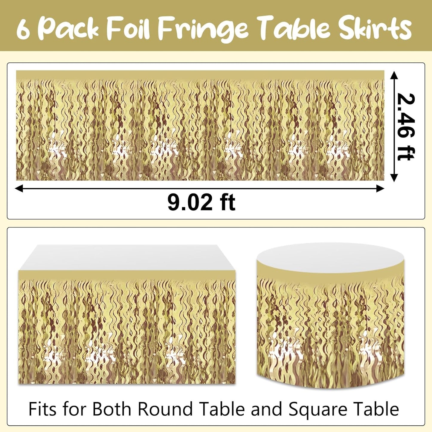 6 Pack 29 x108 Inch Light Gold Wave Foil Fringe Table Skirts Metallic Banner for Tinsel Streamer Garland Backdrop for Parade Floats, Mother's Day, Easter, Wedding, Birthday Party Decoration