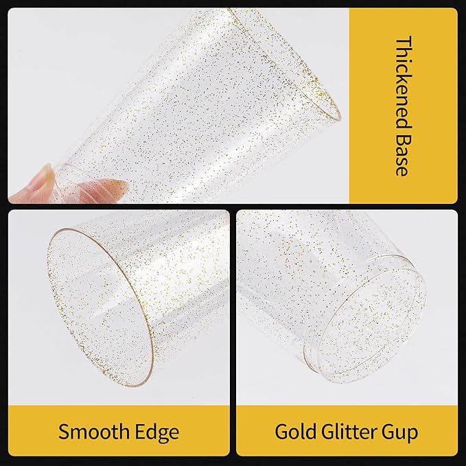 Goodluck 14 oz 50 PCS Gold Glitter Plastic Cups, Disposable Glitter Cups, Elegant Plastic Cocktail Glasses, Fancy Party Cups for Wedding, Birthday, Holiday