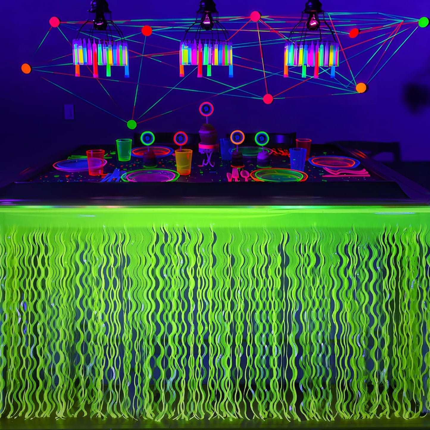 Mega-L Glow in The Dark Party Supplies, 2 Pack Neon Party Decorations Fluorescent Macaron Yellow Wavy Metallic Tinsel Foil Fringe Table Skirts, Perfect Table Decors for Glow Birthday Decor