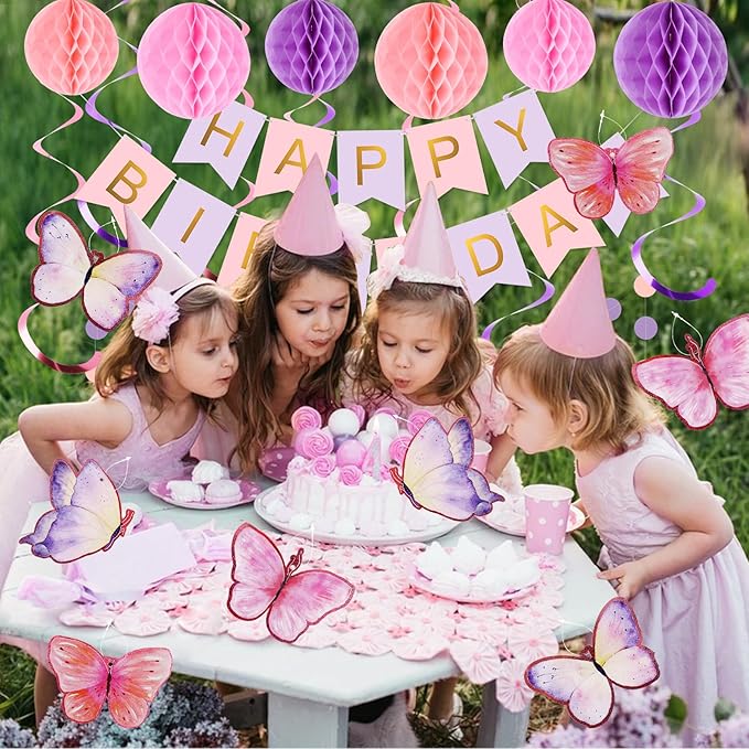meowtastic Birthday Decorations, Happy Birthday Banner with Honeycomb Balls, Butterfly Hanging Swirl Streamers, Circle Dots Garland, Happy Birthday Party Decorations for Women Girls (Purple & Gold)