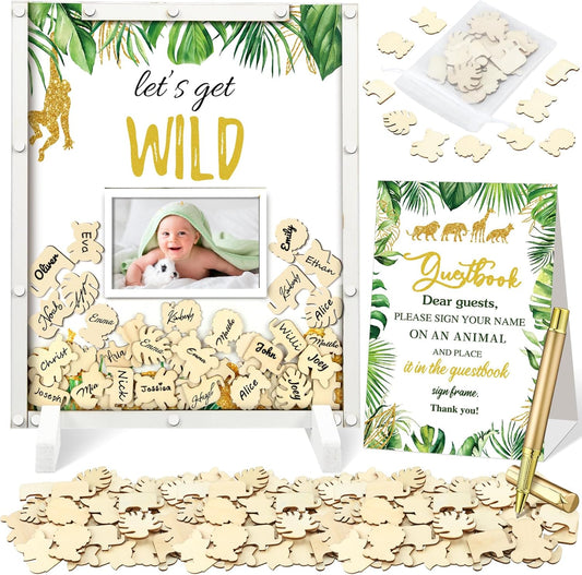 65 Pcs Jungle Animal Baby Shower Guest Book Alternatives He or She Gender Reveal Baby Shower Decorations Sign in Guest Book with Picture Frame and 60 Wooden Chip Let's Get Wild Decorations