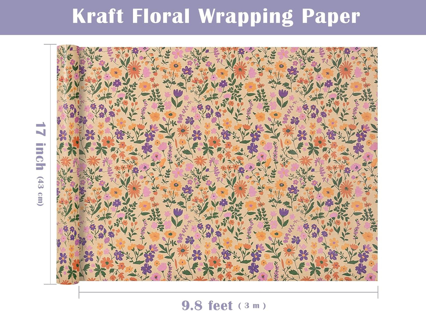 WRAPAHOLIC Kraft Floral Wrapping Paper Roll - Mini Roll - 17 Inch x 9.8 Feet - Vintage Flower Wrapping Paper, Perfect for Wedding, Birthday, Bridal Shower, Tea Party