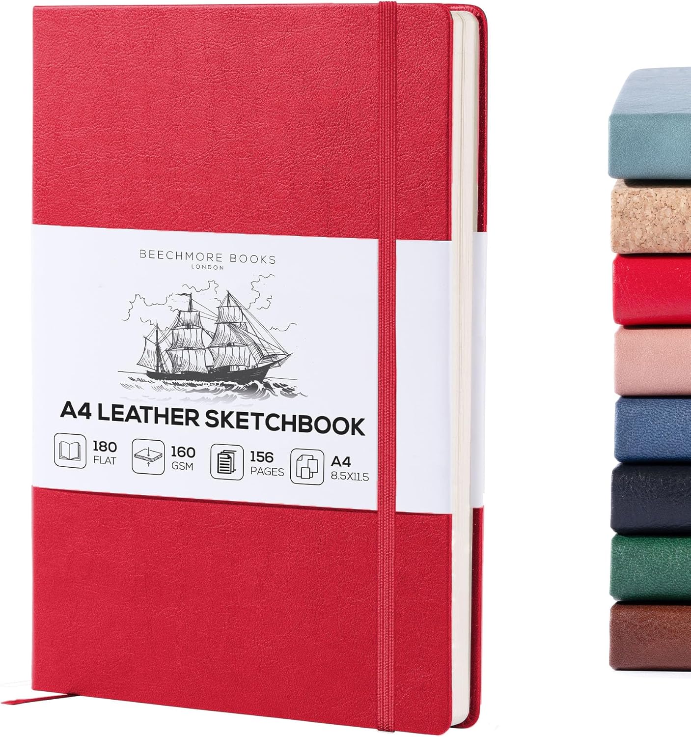 Beechmore Books A4 Sketchbook – 8.5x11 Premium Vegan Leather Bound Large Sketch Book Hardcover with 156 Thick 160gsm Perforated Ivory Pages, Blank Sketch Pad, Gift Boxed, Back Pocket, Ribbon Bookmark
