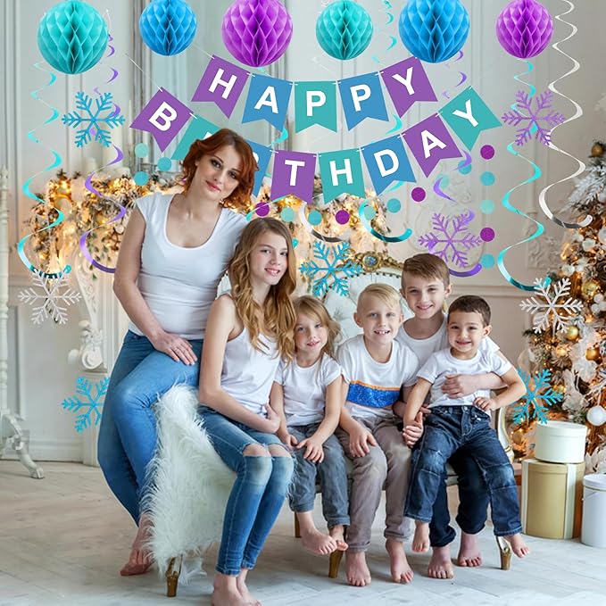 meowtastic Frozen Birthday Party Decorations - Happy Birthday Banner with Honeycomb Balls, Snowflake Hanging Swirls Streamers, Circle Dots Garland Decorations - Party Decorations for Boys Girls