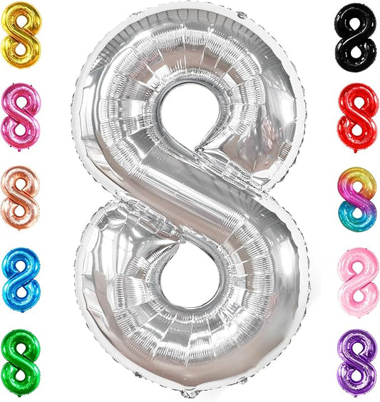 KatchOn, Giant Silver Number 8 Balloon - 40 Inch | 8 Balloon Number for 8th Birthday Decorations Boy | Silver Birthday Decoration | Number 8 Balloons for Birthdays, 8th Birthday Decorations for Girls