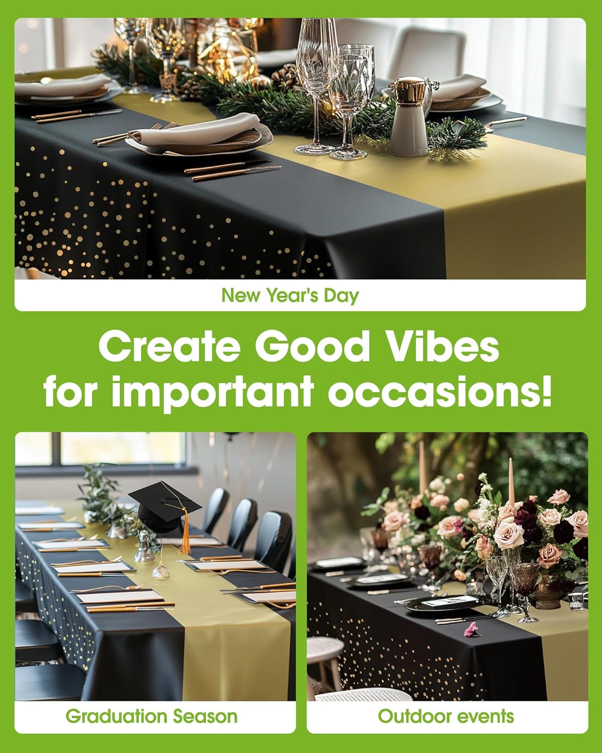 Pureegg Plastic Table Cloth Disposable 10 Pack, 54 x 108 Inch, Table Runner Style, Graduation Decorations 2025, Party Tablecloths, Rectangle, Plastic Cover, Leakproof & Sturdy, Black Gold