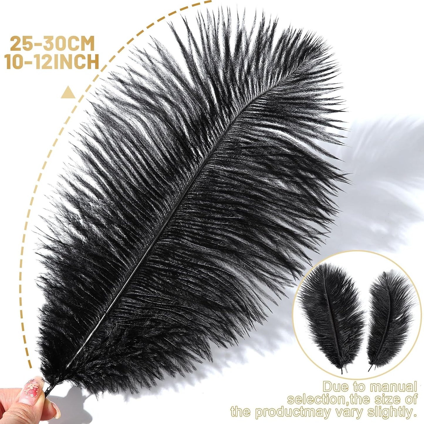 FANDAMEI Black Ostrich Feathers, 12 Pcs Black Feathers, 10-12 inch (25-30 cm), Feathers for Crafting, Craft Feathers for Centerpieces Table Decorations, Home Decorations, Black Party Decorations