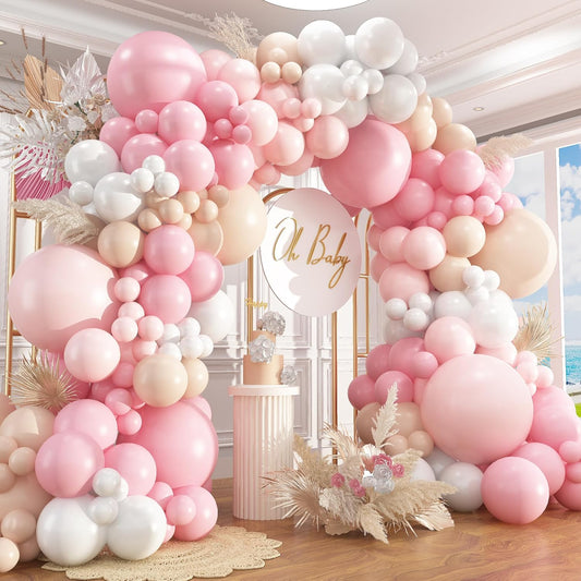412Pcs Pink Balloon Arch Garland Kit,18 12 10 5 Inch Pink White Balloon Arch Garland Kit Include Nude Balloons for Birthday Shower Princess Theme Party Wedding Decorations