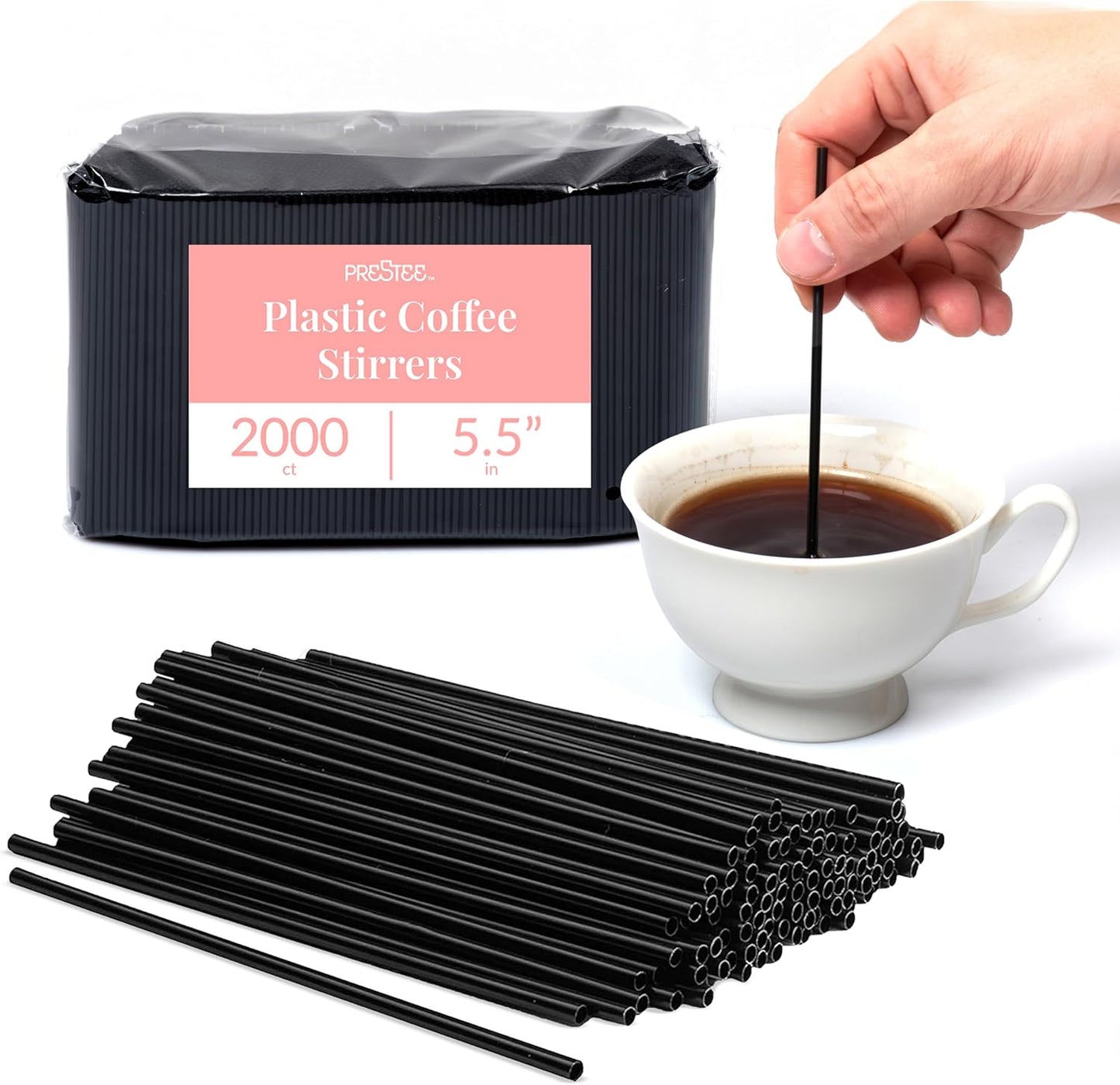 Prestee Plastic Coffee Stirrers 5.5 Inch, 2000 Count - Disposable Black Drink Stir Sticks for Coffee, Tea, Cocktails & Beverages - BPA-Free Plastic Stirring Straws for Home, Office & Events