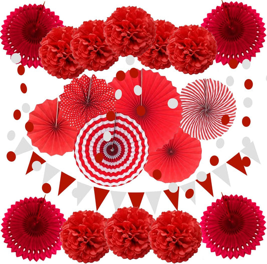 ZERODECO Party Decoration, 21 Pcs Red Hanging Paper Fans Pom Poms Flowers, Garlands String and Triangle Bunting Flags for Birthday Parties Baby Showers Wedding
