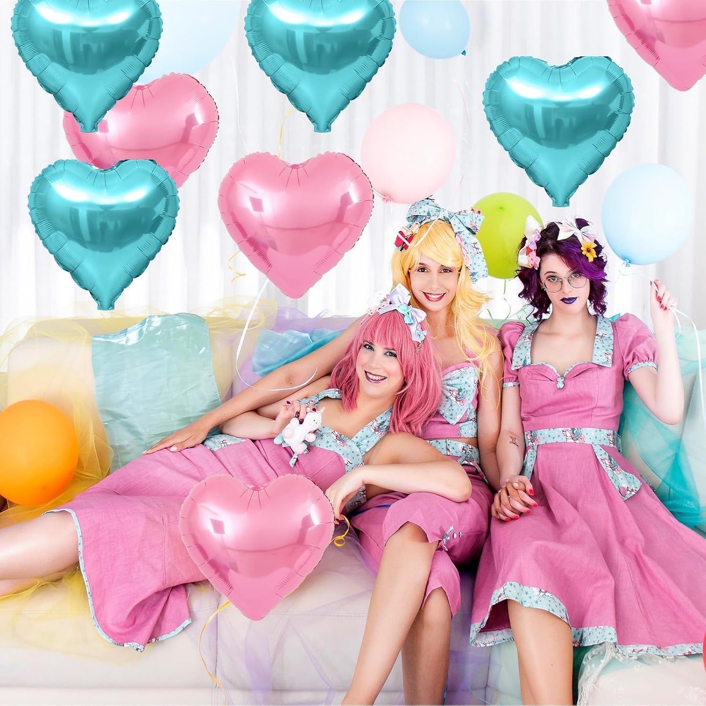 Pink Blue Heart Balloons,12Pcs Teal Blue Heart Shaped Foil Balloons,18Inch Light Pink Helium Polyester Film Balloon for Mermaid Birthday Baby Shower Anniversary Wedding Party Decorations