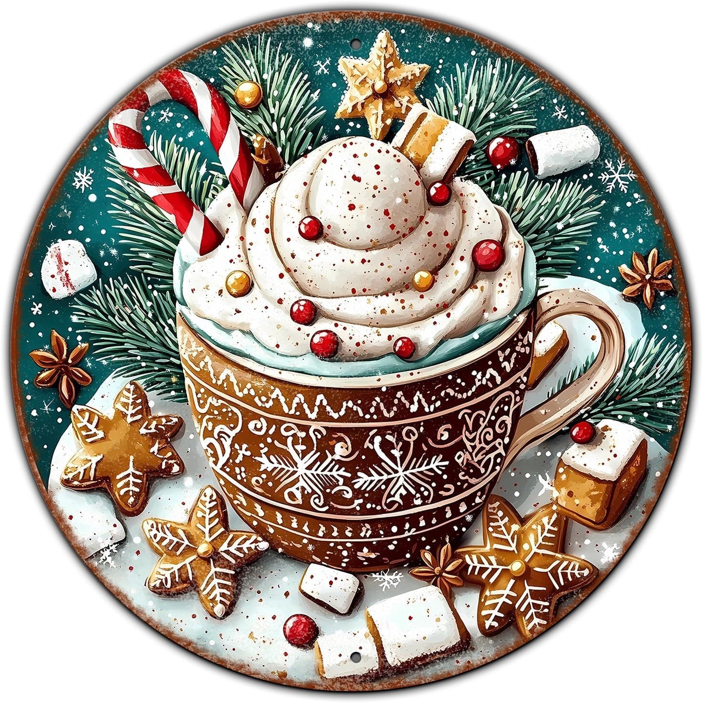 Round Christmas Signs Hot Cocoa Bar Metal Tin Sign Christmas Decor For Home Vintage Christmas Coffee Cocoa Tin Sign Hot Chocolate Bar Sign 8 * 8 in