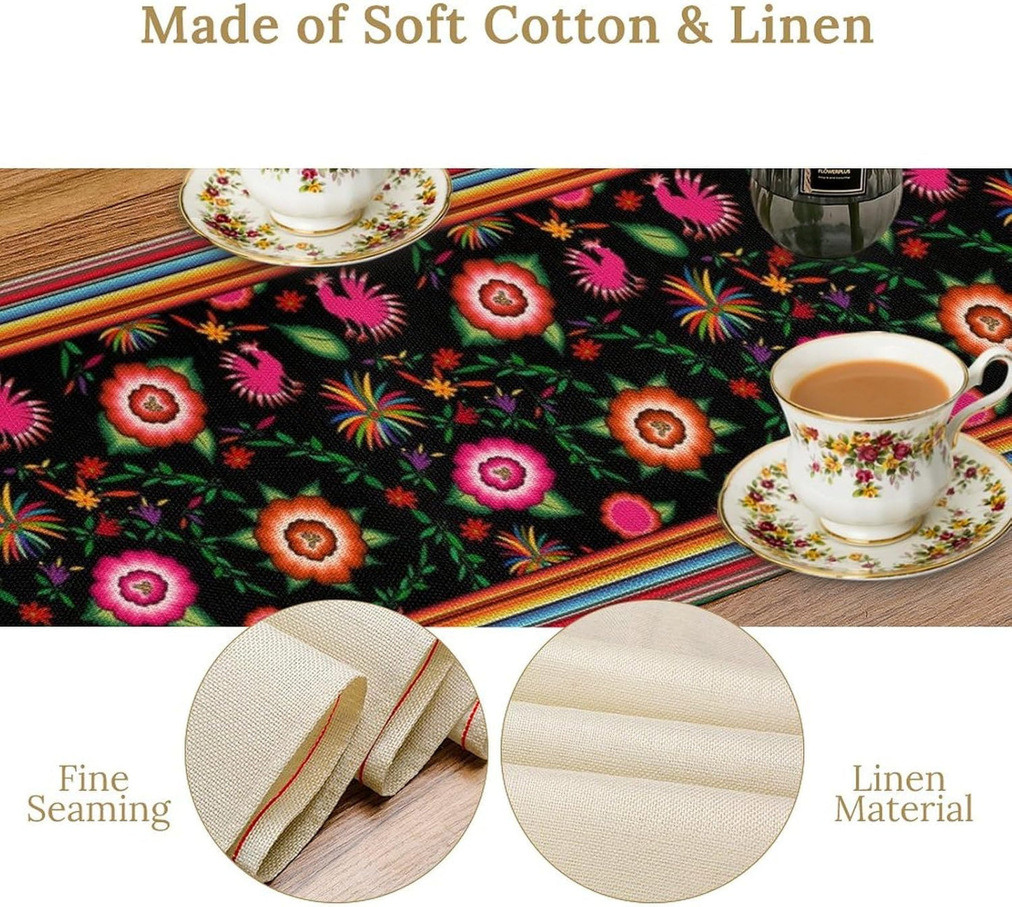 Mexican Table Runner,Colorful Flowers Cinco De Mayo Decor Table Runner for Kitchen Dining Table Home Party Decoration 13x36 Inch