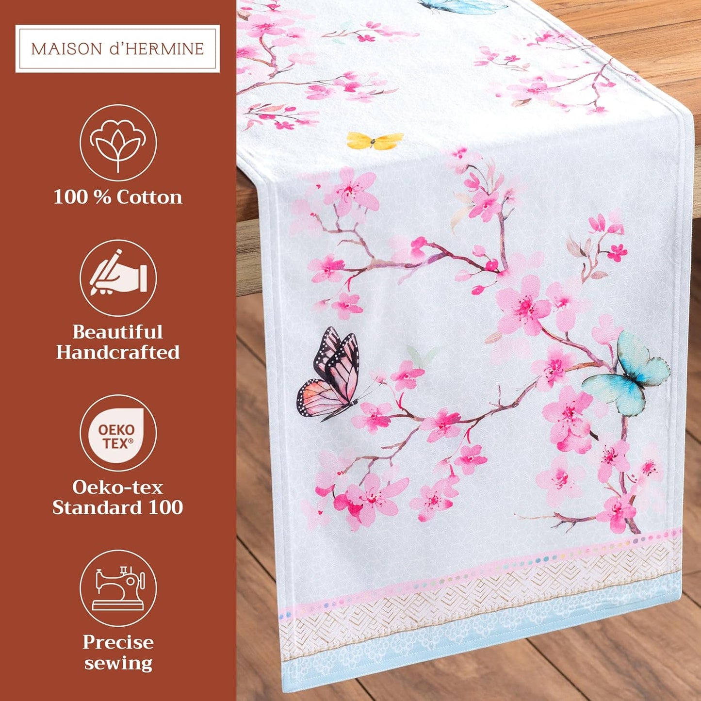Maison d' Hermine Table Runner 100% Cotton Double Layer Table Runners 108 inches Long Decorative for Home Kitchen Dining Party Wedding Bridal Shower Spring Summer (Blossoms in Spring, 14.50" x 108")