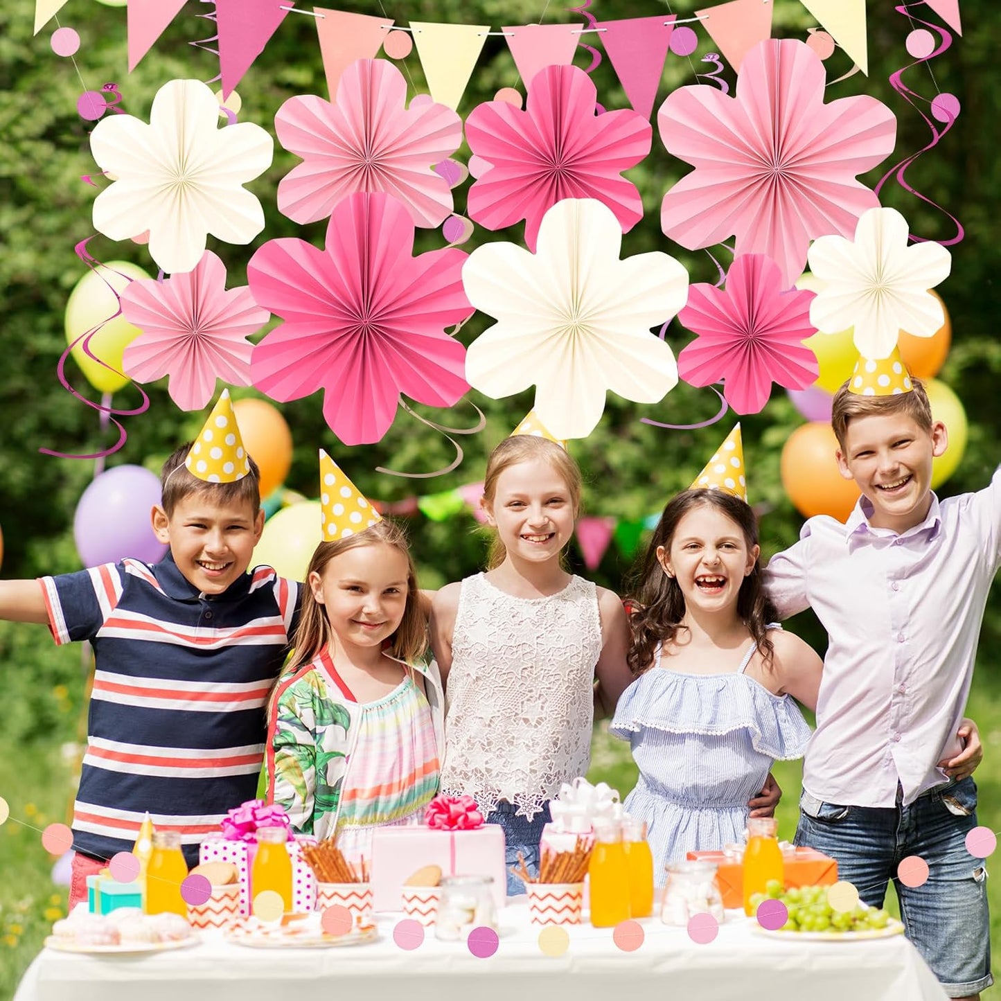 Pink and Yellow Party Decorations, Pink Birthday Decoration with Colorful Hanging Paper Flowers,Tassel Garland and Swirls for Women Girls, Baby Showers Bachelorette Party Supplies Classroom Decor