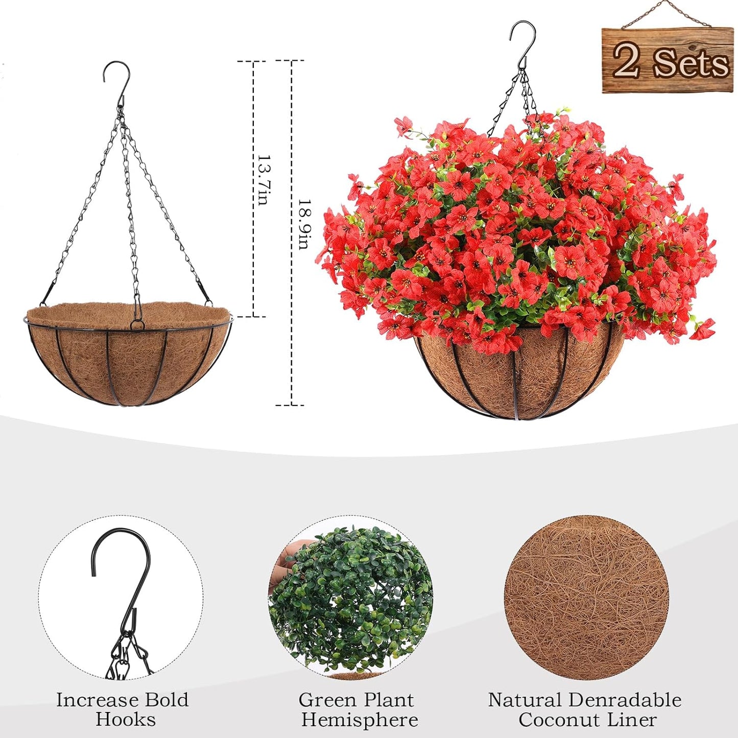 Hananona 24 Pcs Artficial Outdoor Flowers with Hanging Baskets, 2 Pack Hanging Planter with Red Outdoor Spring Flowers for Christmas Porch Home Patio Yard Decor (2, Red)