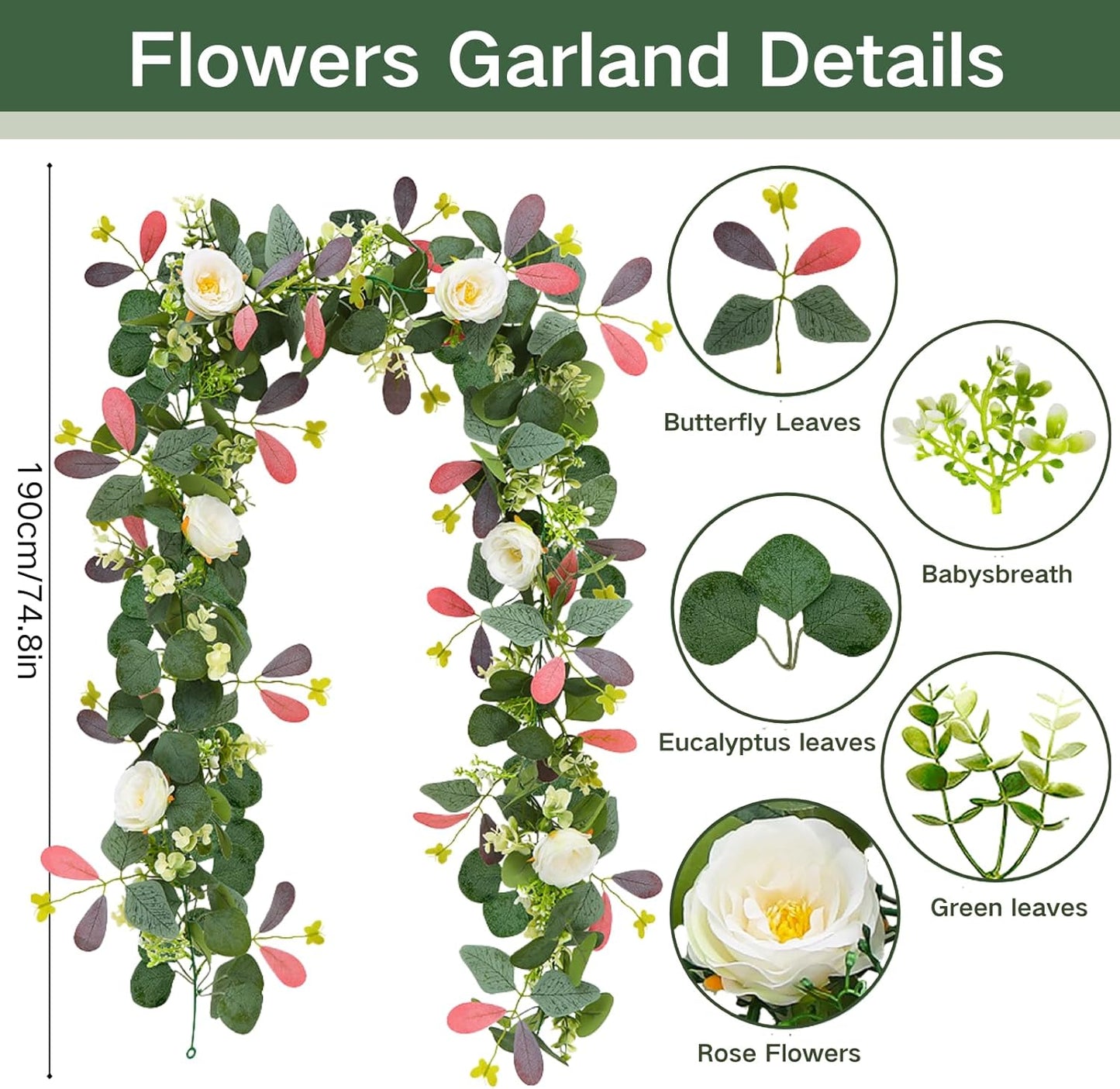 ASTRYAS 2Pcs 6.23Ft Artificial Eucalyptus Garlands with Flowers, Faux Floral Greenery Garlands Fake Flowers Vines for Wedding Table Centerpieces Arch Party Ceremony Backdrop Decor (Pink Leaves)