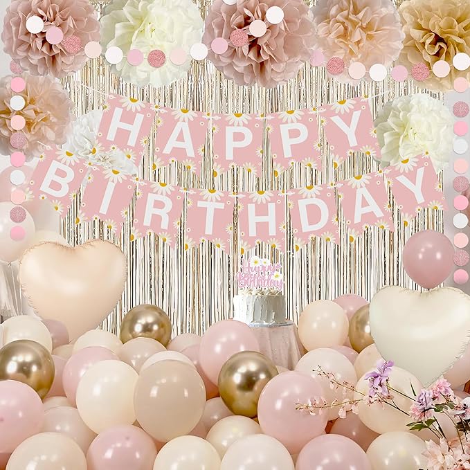 Blush Beige Birthday Decoration for Women Girls with Daisy Flower Happy Banner, Boho Dusty Pink Paper Pom Poms, White Sand Pink Gold Balloons Set And Fringe Curtain, Fall Birthday Theme Party Décor