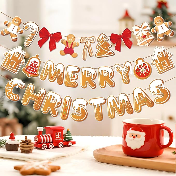 Merry Christmas Banner Gingerbread Christmas Hanging Decoration 3PCS Gingerbread Theme Garland Banner for Holiday Home Office Fireplace Wall Decor Outdoor Indoor Xmas Party Banner