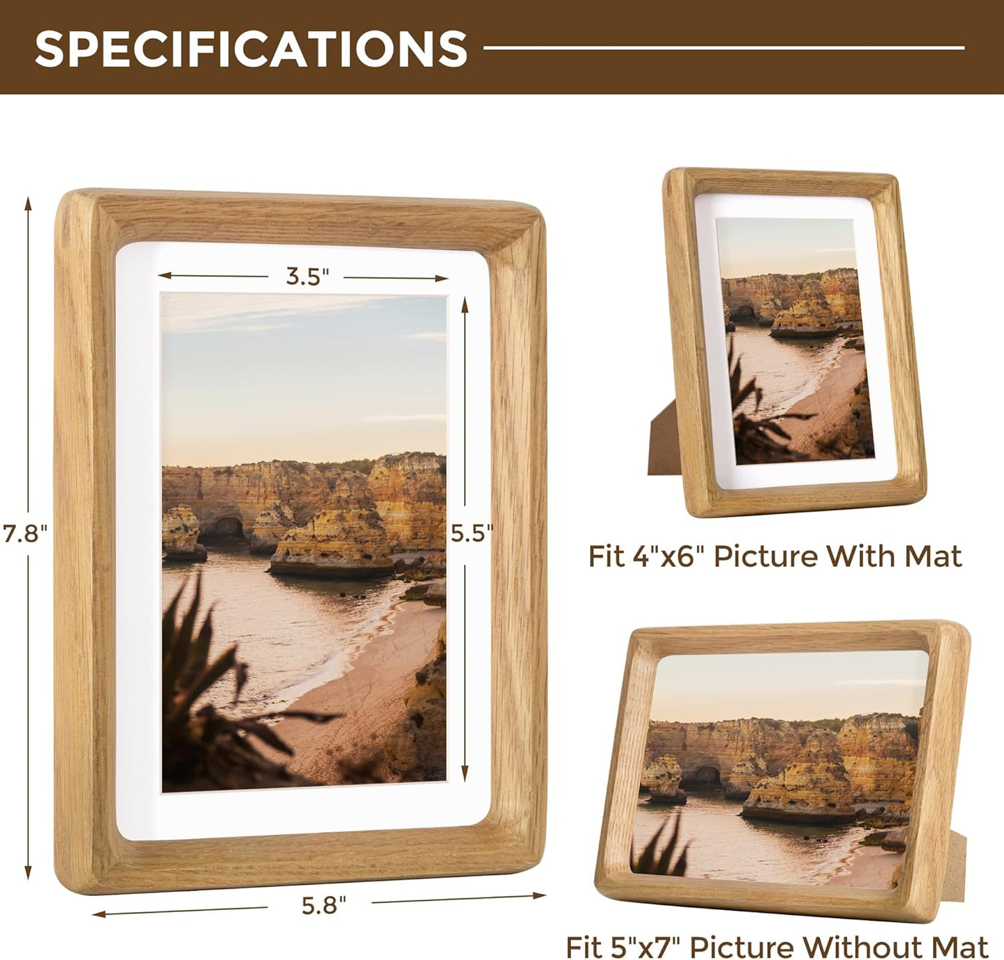 5x7 Wooden Picture Frames USA-Sourced Natural Oak Wood Solid Wood Photo Frame Handcrafted Rounded Corner with Mat to 4x6 Picture Display with Real Glass Family Picture, Wedding Picture