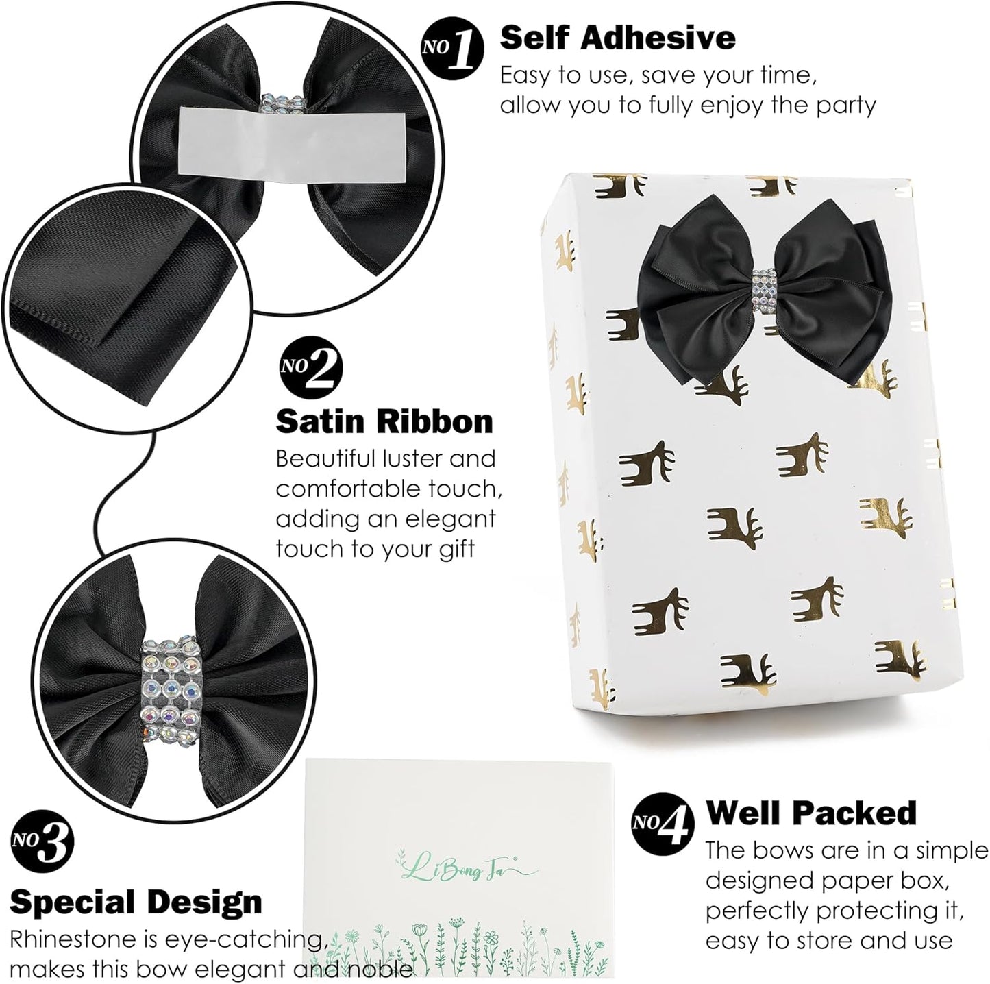 Black Satin Bows 4'' Premade Black Ribbon Bows, Gift Bows with Rhinestone, Wrapping Bows for Presents, Greeting Cards, Treat Bags, Wine Bottles, Valentines Bows for Gift Wrapping-12 Counts