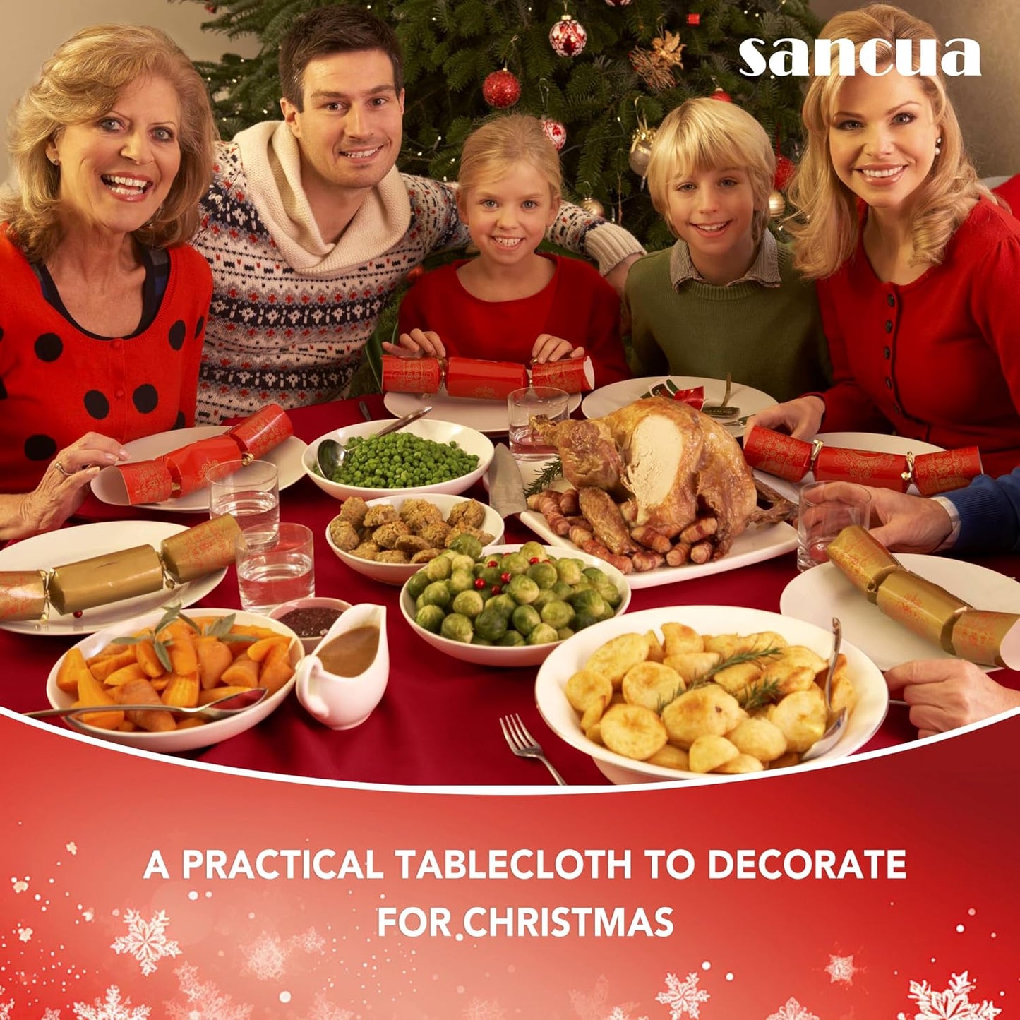 sancua Round Tablecloth - 108 Inch - Water Resistant Spill Proof Washable Polyester Table Cloth Decorative Fabric Table Cover for Dining Tables, Buffet Parties and Camping, Red