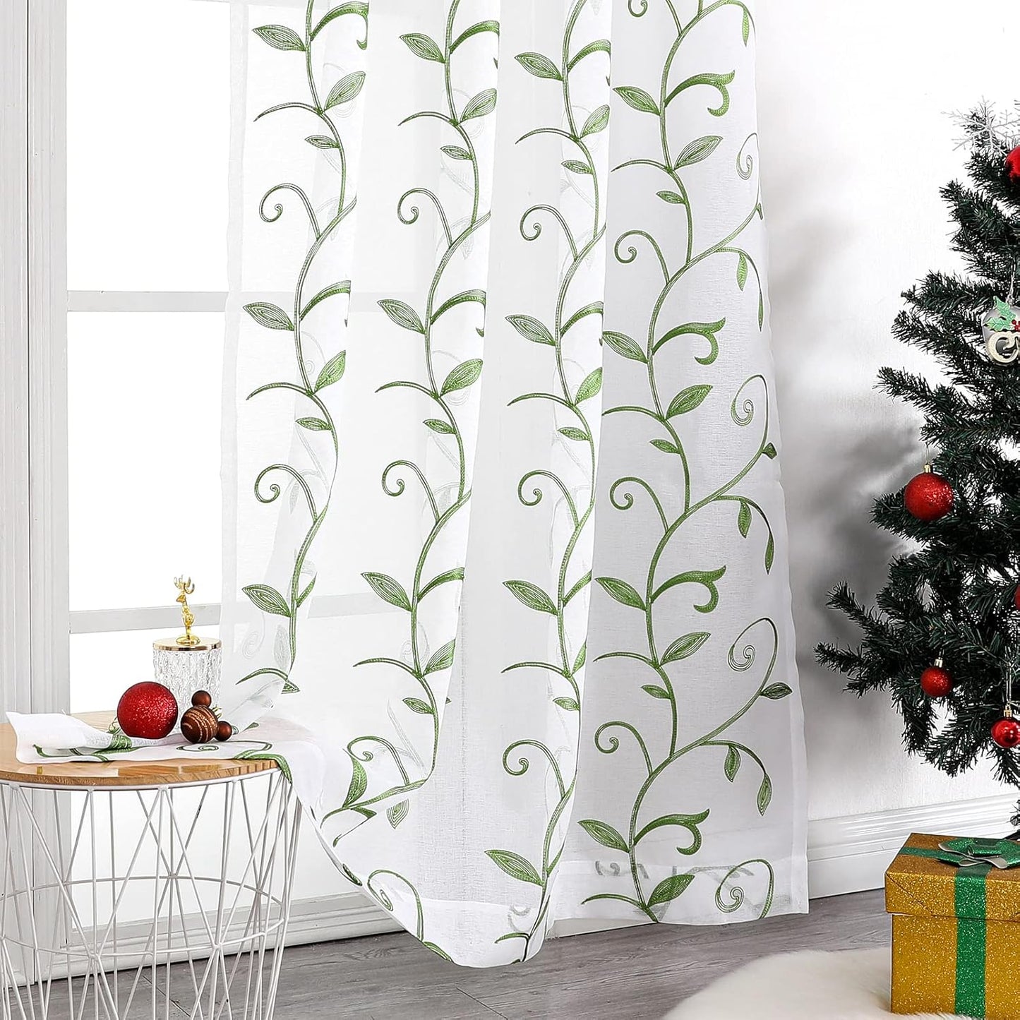 VISIONTEX Embroidered Green Sheer Voile Curtains, Leaves Embroidery Faux Linen Rod Pocket Window Drapes for Living Room and Girls Bedroom 54 x 84 Inch, Set of 2 Curtain Panels