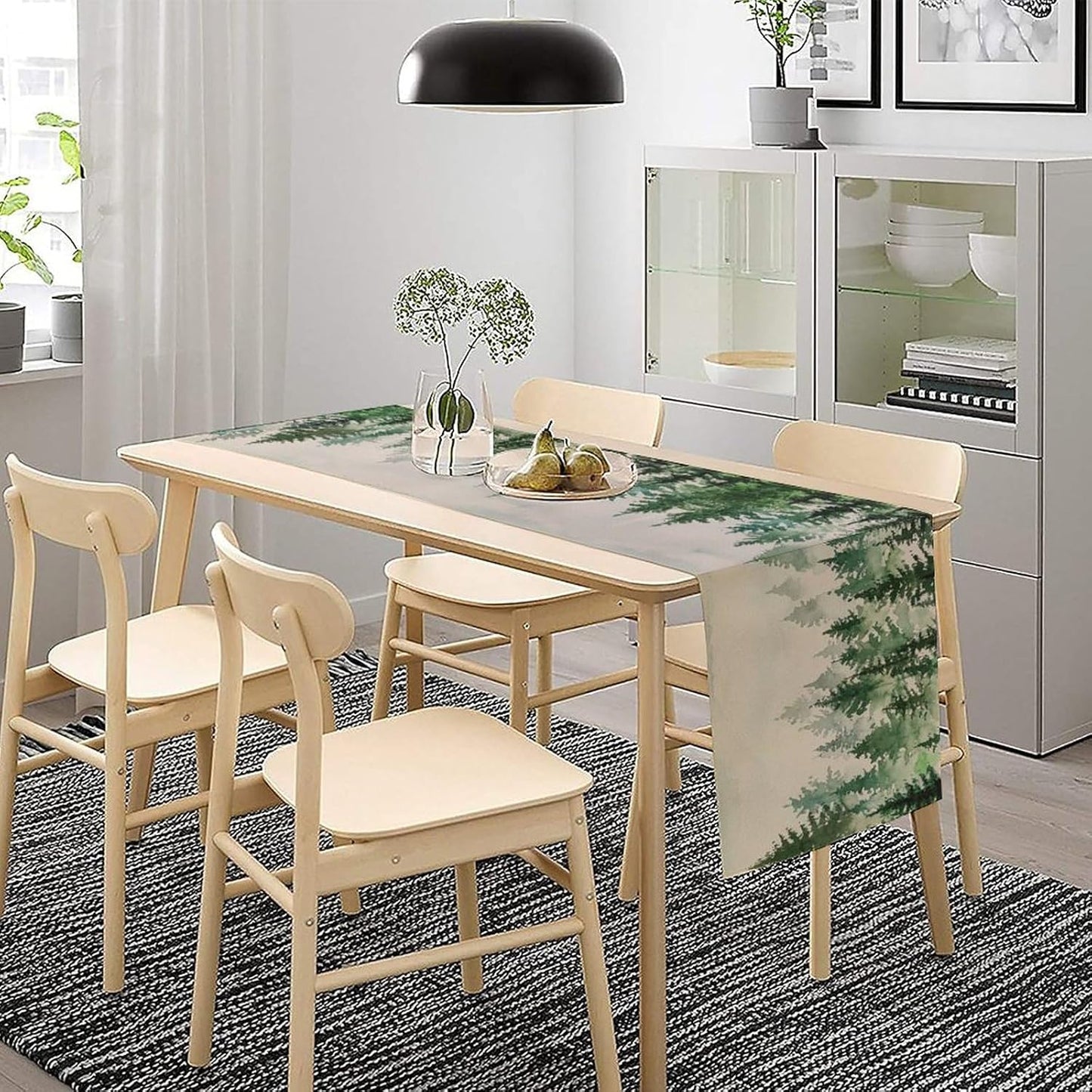 Foggy Forest Table Runner,Green Forest Natural Landscape Table Runner for Kitchen Dining Table Home Party Decoration 13x60 Inch