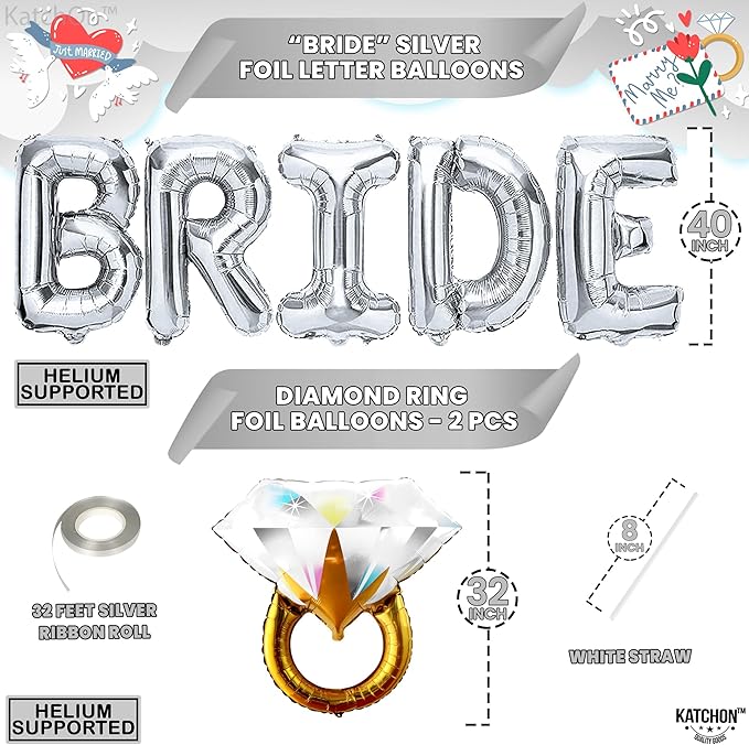 KatchOn, Giant Silver Bride Balloons Bachelorette - 40 Inch | Bride Balloons Silver for Bachelorette Party Decorations | Bridal Shower Balloon for Bridal Shower Decorations