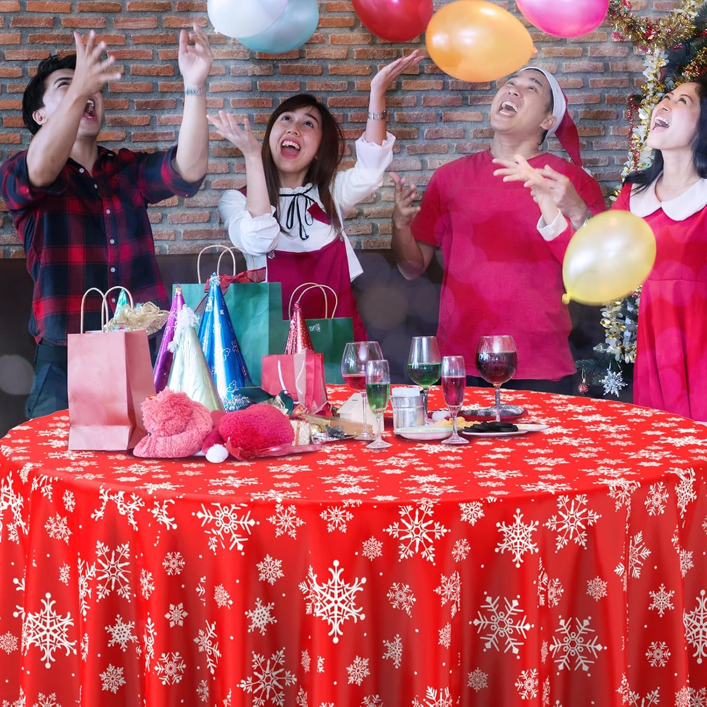 6 Pieces Christmas Snowflake Plastic Party Tablecloth Decorations, Disposable White Snowflake Red Xmas Round Table Cover Backdrop for Winter Christmas Holiday New Year Party Supplies,84 inch (Red)