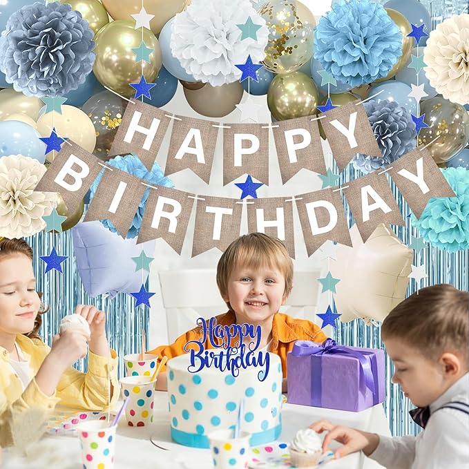 Light-Blue Birthday Decoration, Dusty Blue Sand White Confetti Foil Balloons Set With Happy Birthday Banner Fringe Curtains, Pom Poms, Blue Party Décor for Boys Girls Women Men