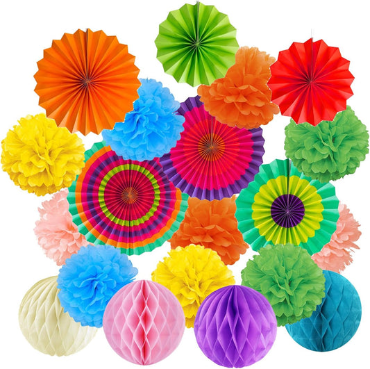 Hanging Paper Fans Tissue Paper Pom Poms Flower and Honeycomb Balls for Birthday Party Wedding Festival Christmas Decorations - Colorful
