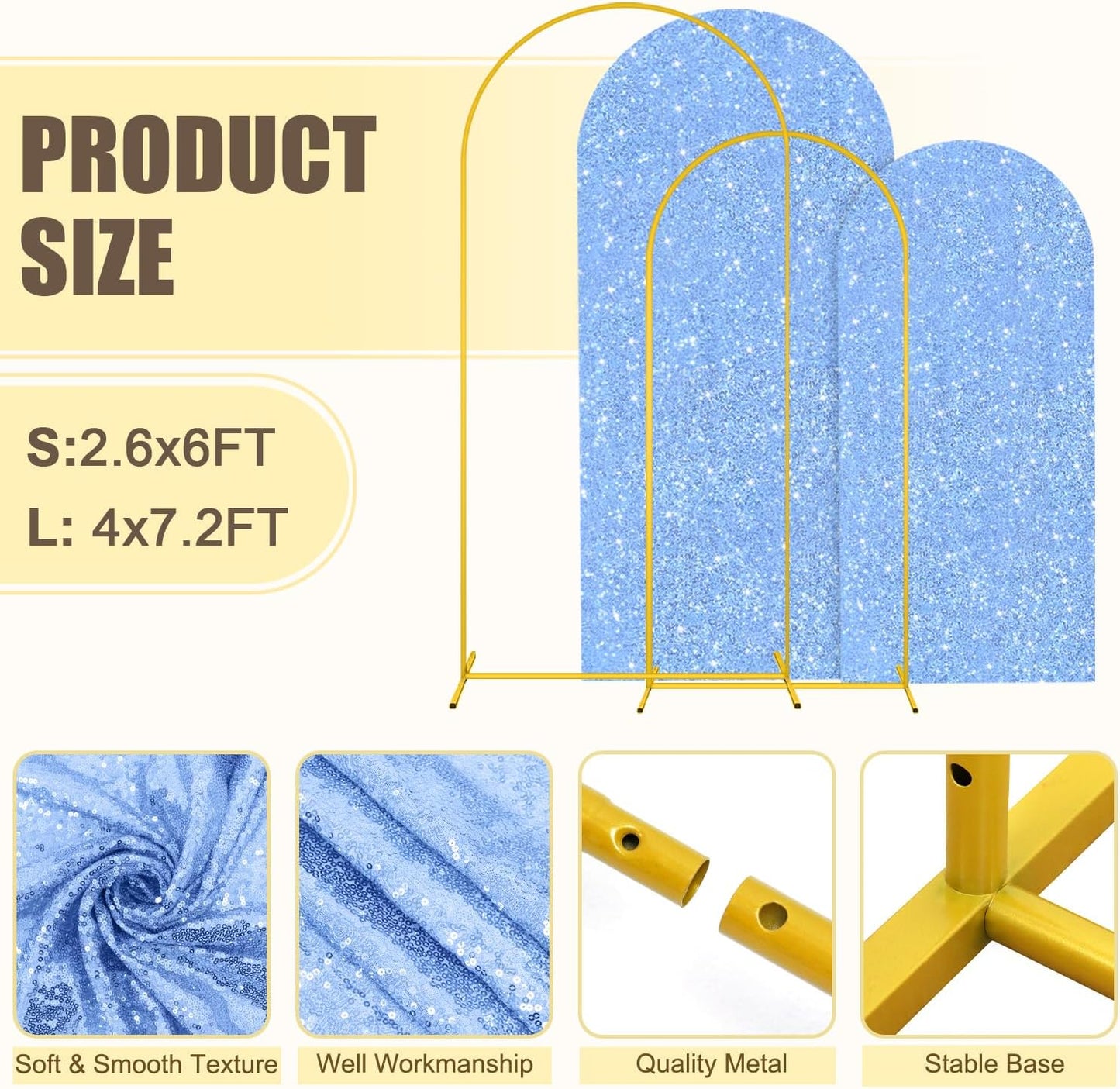 MODFUNS Metal Arch Backdrop Stand and Cover 6&7.2ft Baby Blue Glitter Arch Cover Set of 2 Gold Arch Stand with Covers Double Sided Sequins Arch Covers for Wedding Ceremony Birthday Party Decoration