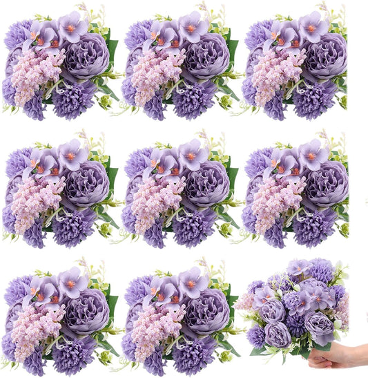 Zeyune 8 Pcs Wedding Silk Flowers Fake Silk Flowers Faux Bouquet Hydrangea Bouquets for Wedding Birthday Party Table Centerpieces Home Decoration(Purple,Peony)